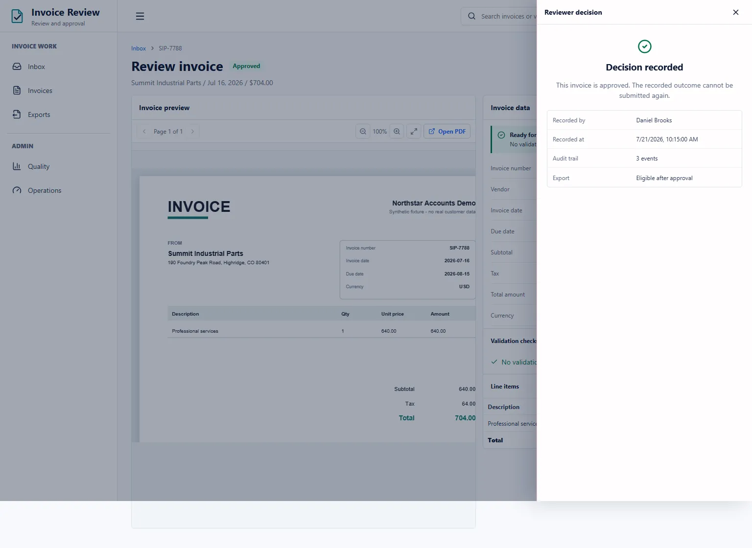 Approved invoice decision panel showing the final human decision and retained review context.