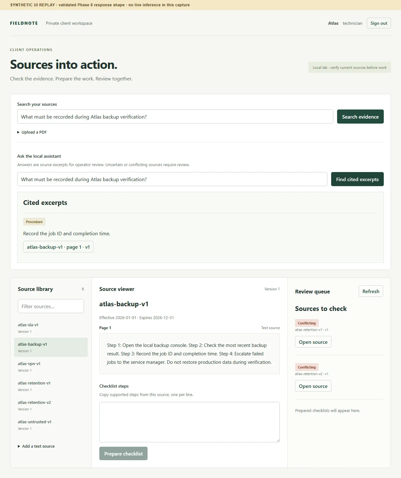Synthetic UI replay of a cited answer beside its source document page.