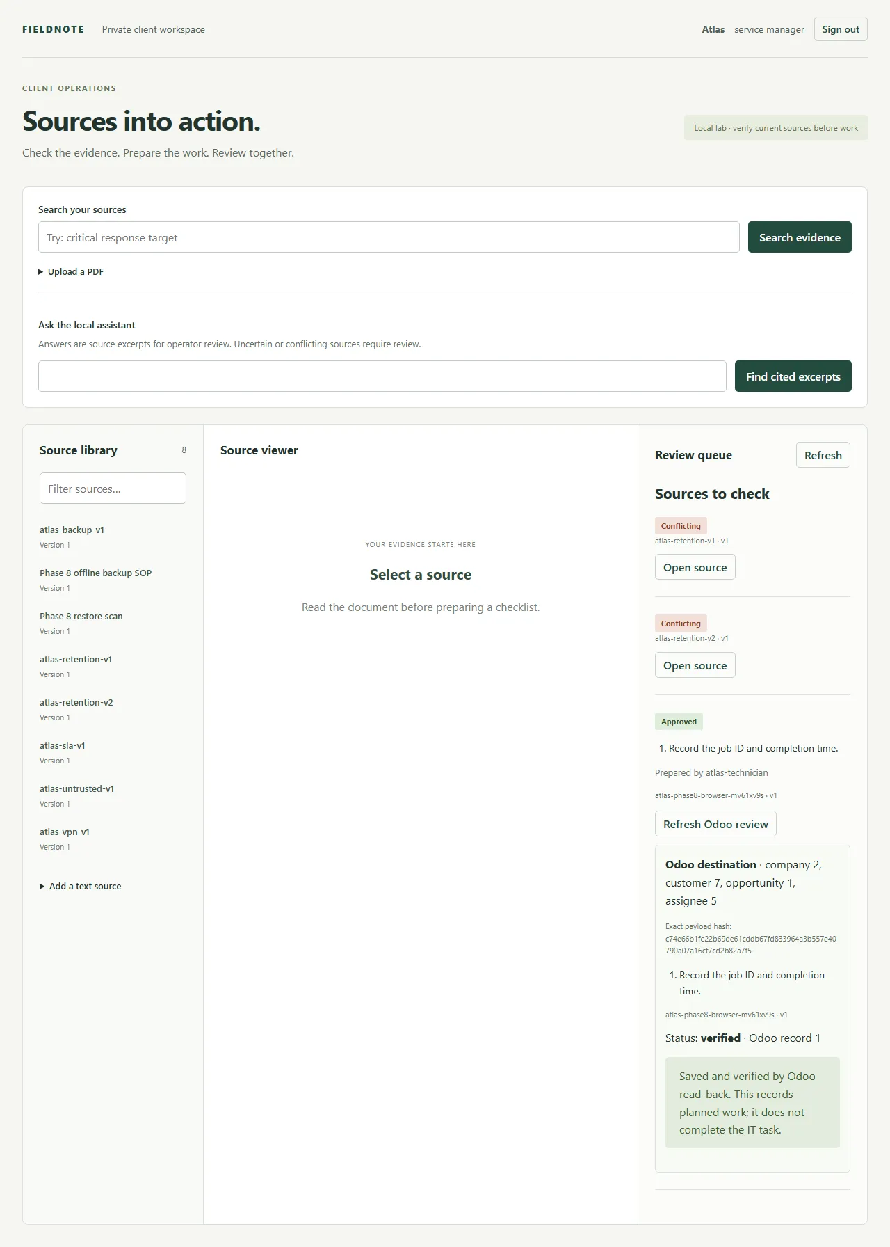 Connected synthetic lab screenshot of the reviewed checklist and Odoo outcome.