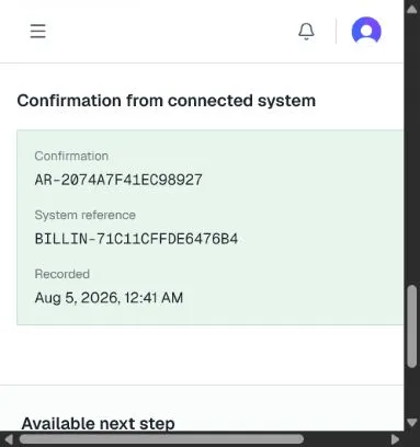 Completed controlled action showing the persisted connected-system receipt and external reference for a synthetic case.