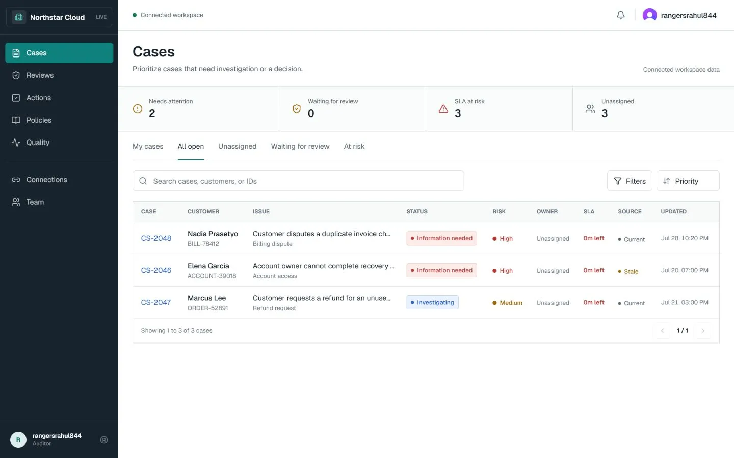 Case Resolution Copilot queue showing priorities, status, owner, and service-level context.