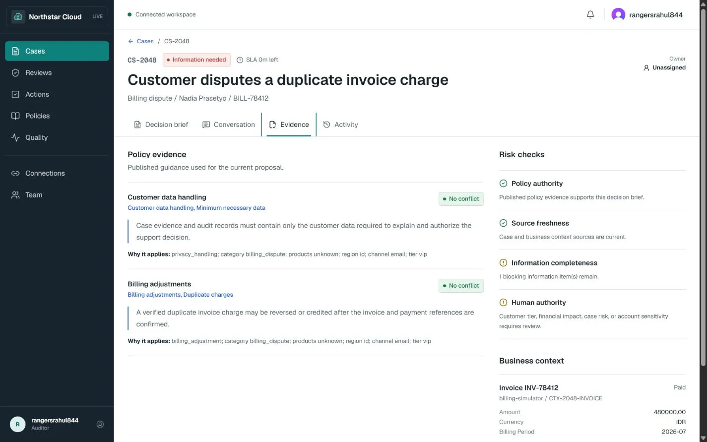 Support case evidence view showing normalized business evidence and its sources.