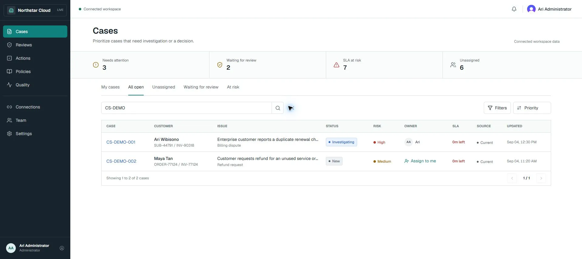 Hosted Case Resolution Copilot queue filtered to synthetic CS-DEMO cases, with priority, risk, ownership, and SLA context.