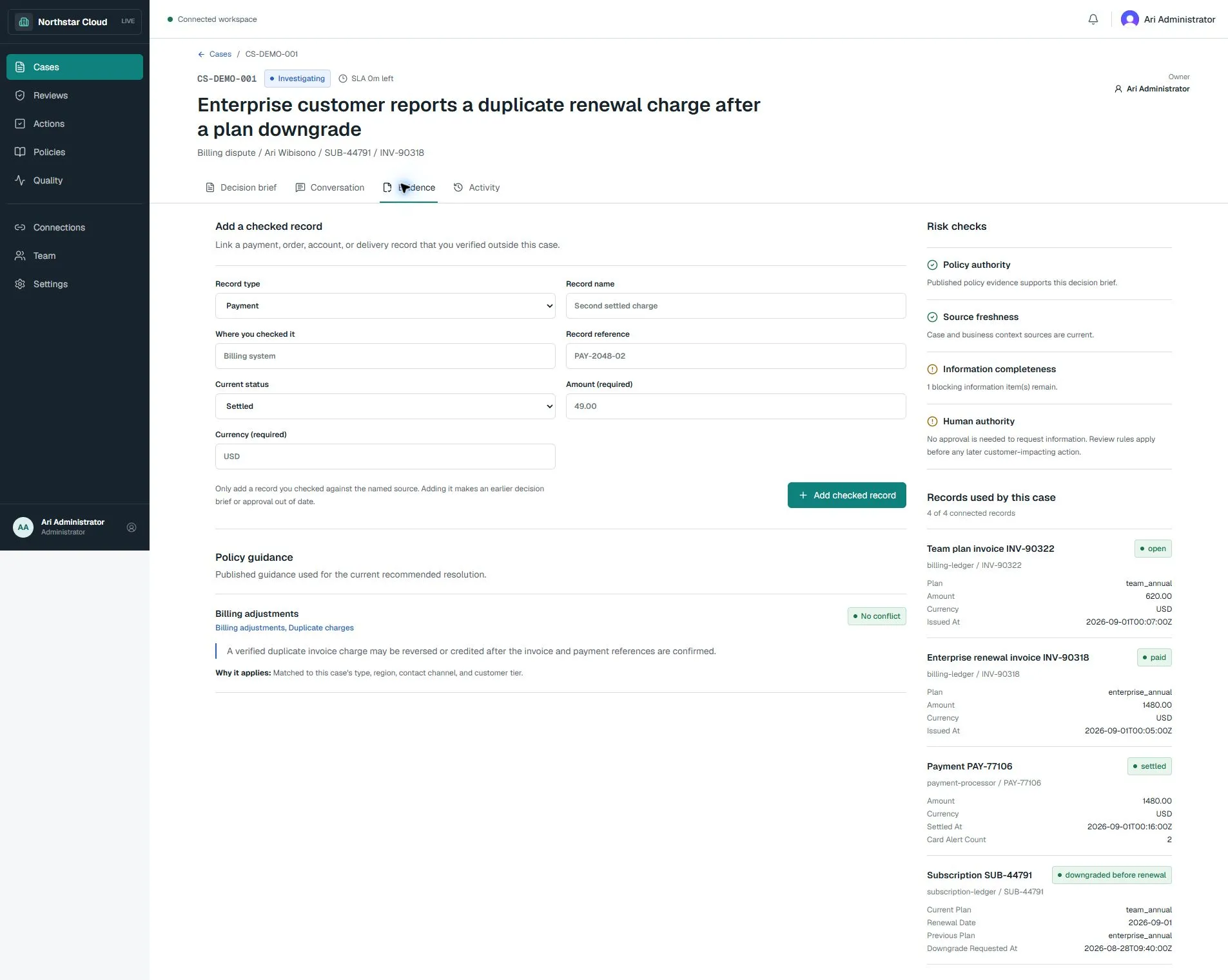 Hosted evidence tab showing checked business records, policy guidance, source freshness, and remaining information gaps for a synthetic billing case.