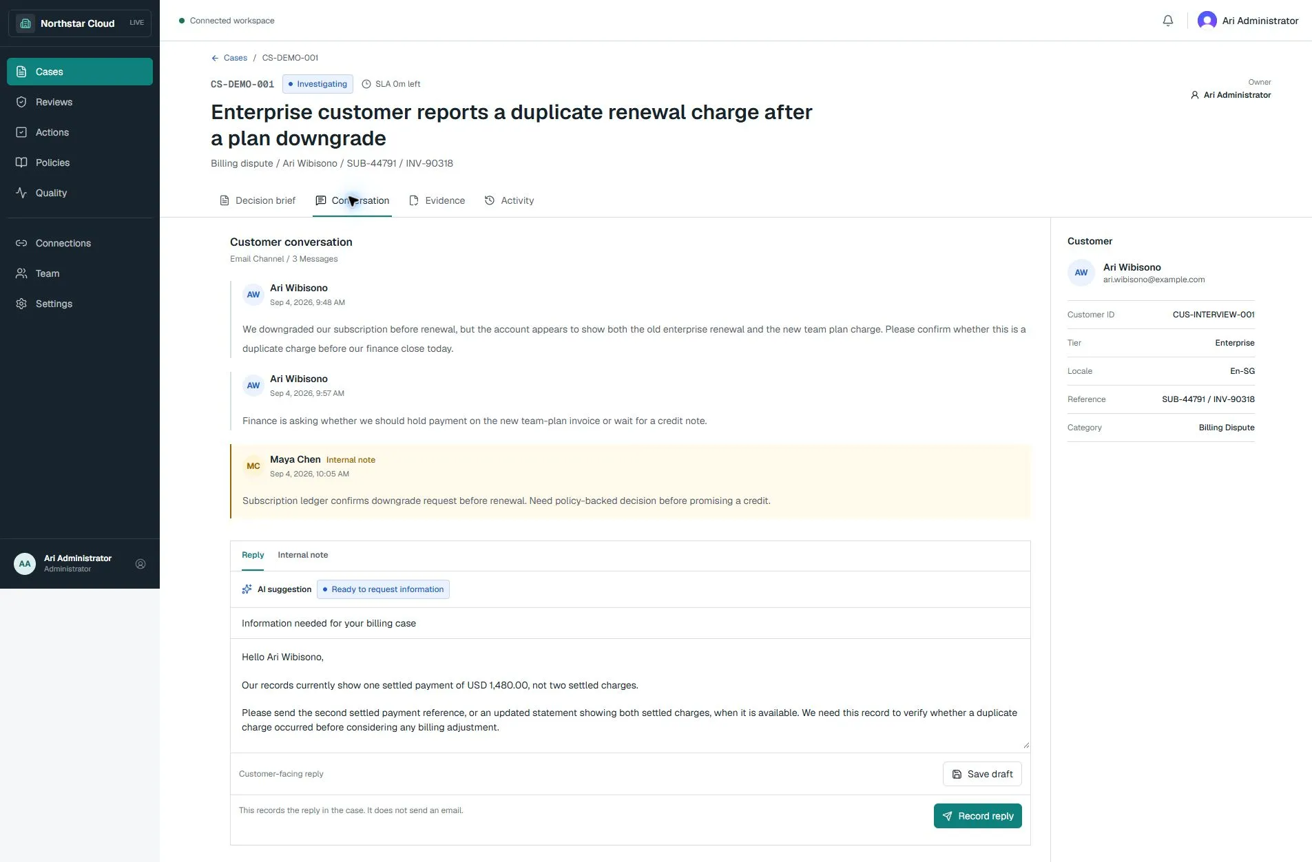 Hosted conversation tab showing synthetic customer messages, an internal note, and a suggested response draft that has not been emailed.